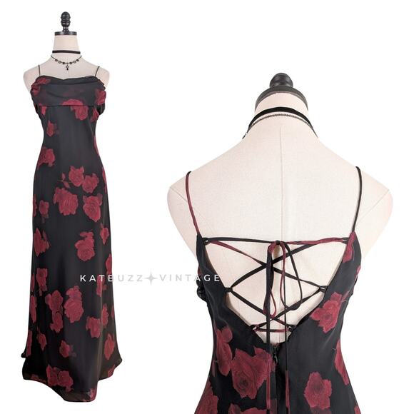 Vintage Betsy Adam Prom Dress Maxi Gown 6 Black Red 90s Y2K Floral Fairy Goth - Picture 1 of 8